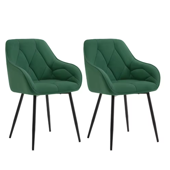 Set van 2 Fluwelen Eetkamerstoelen – Gestoffeerd met Rugleuning & Armleuningen, Metalen Poten