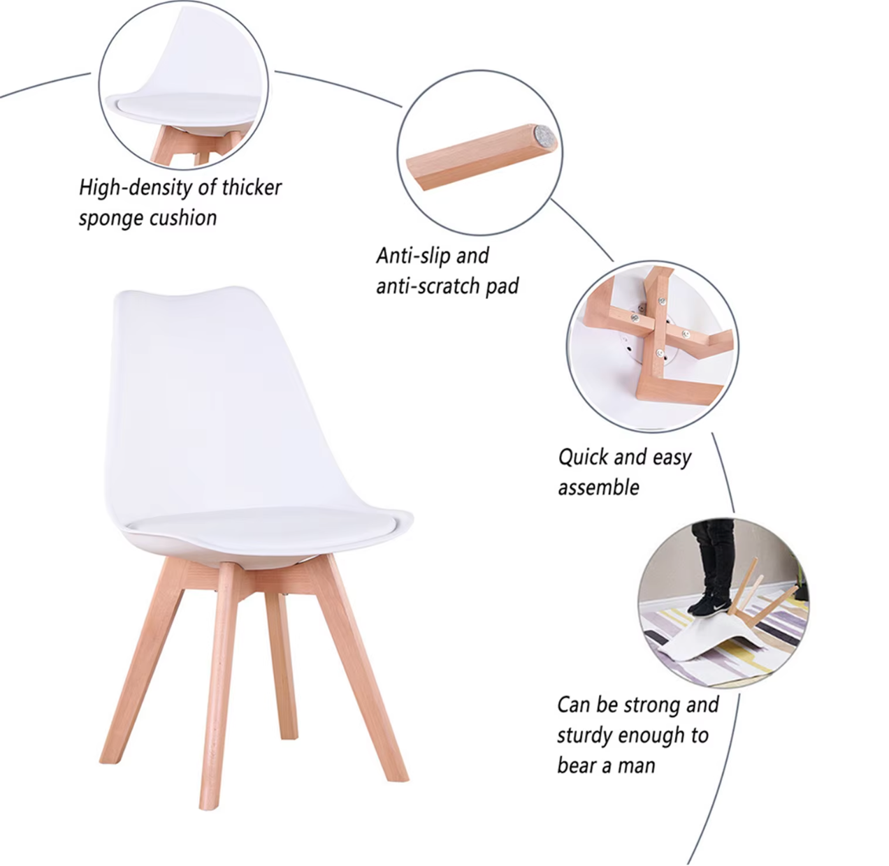 Set van 6 Scandinavische Eetkamerstoelen – PU-Lederen Zitting & Beukenhouten Poten