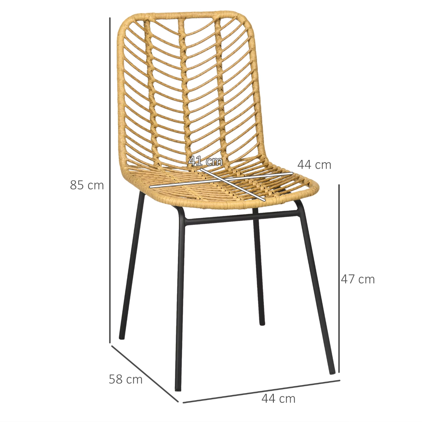 Set van 2 Boheemse Eetkamerstoelen – Synthetisch Rotan en Zwarte Stalen Poten
