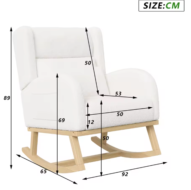 Witte Schommelstoel – Gestoffeerde Fauteuil met Hoge Rugleuning en Zijvakken – Comfortabele Loungefauteuil van Lamswol – Voor Woonkamer of Slaapkamer