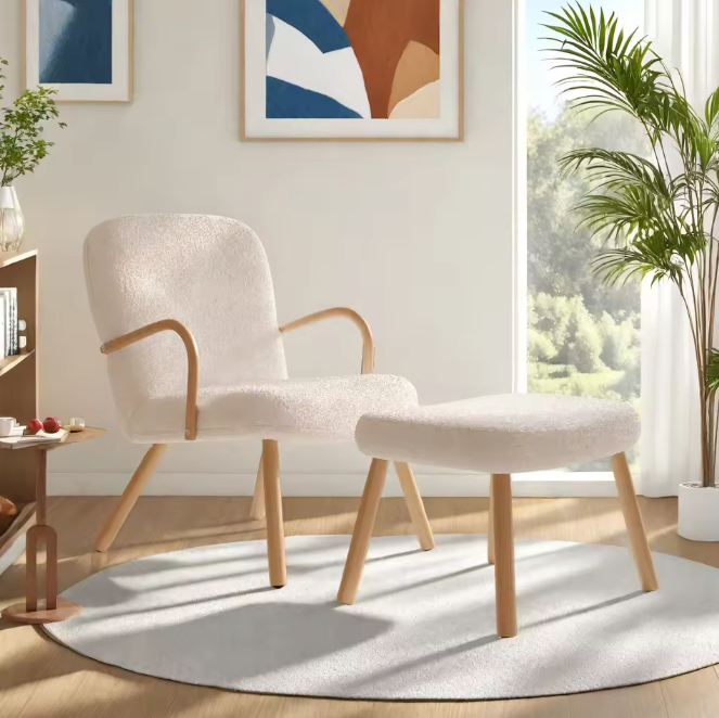 Fauteuil met Poef – Sherpa Bouclé Stoffering & Roestvrijstalen Poten – Hoge Rugleuning voor Extra Comfort