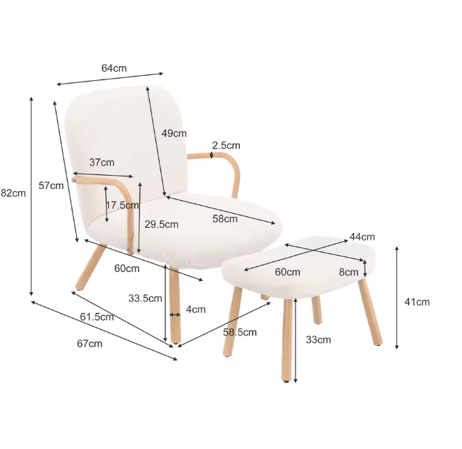 Fauteuil met Poef – Sherpa Bouclé Stoffering & Roestvrijstalen Poten – Hoge Rugleuning voor Extra Comfort