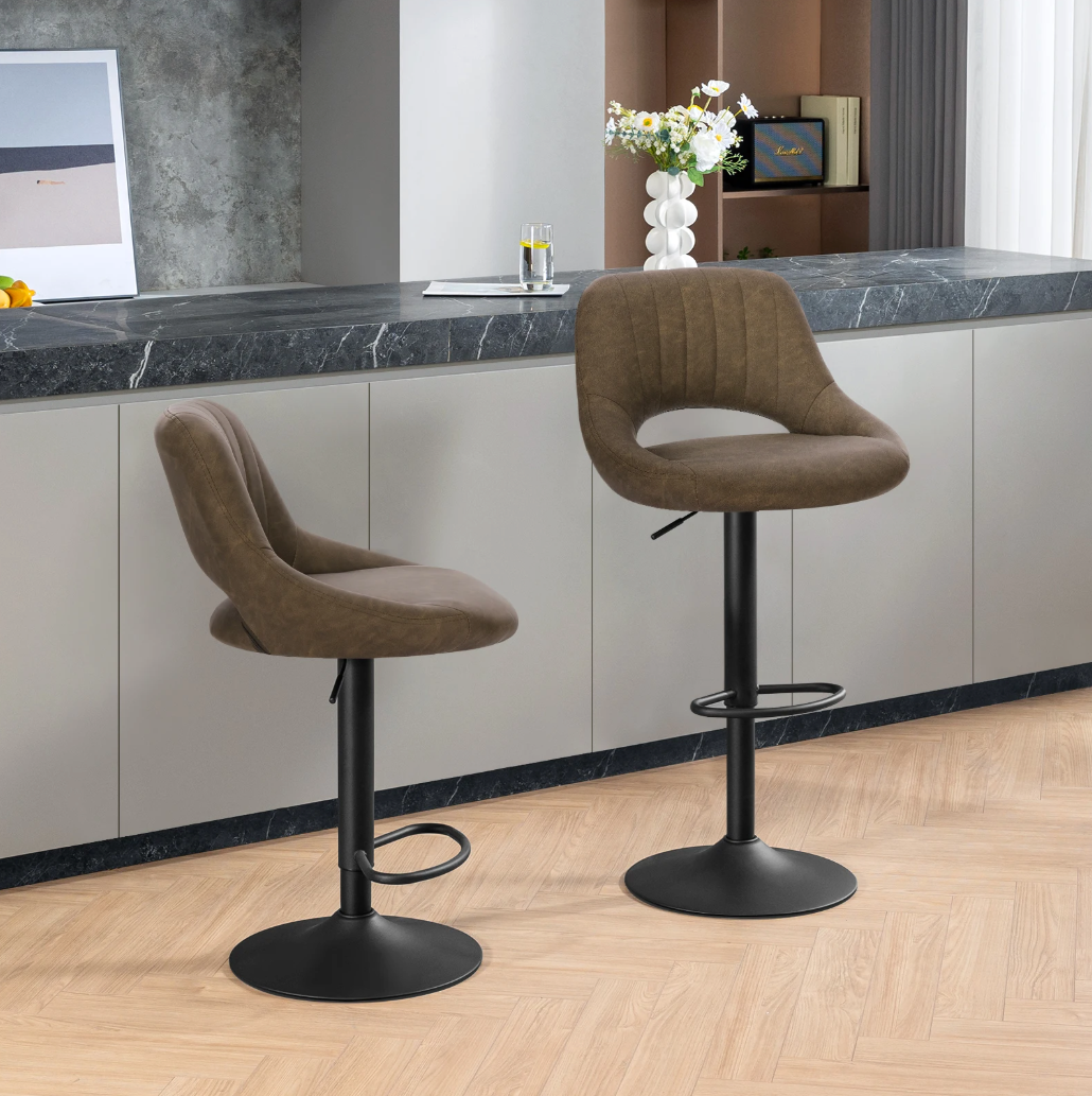 Set van 2 Verstelbare Barkrukken – Kunstleer, 360° Draaibaar met Rugleuning en Voetsteun