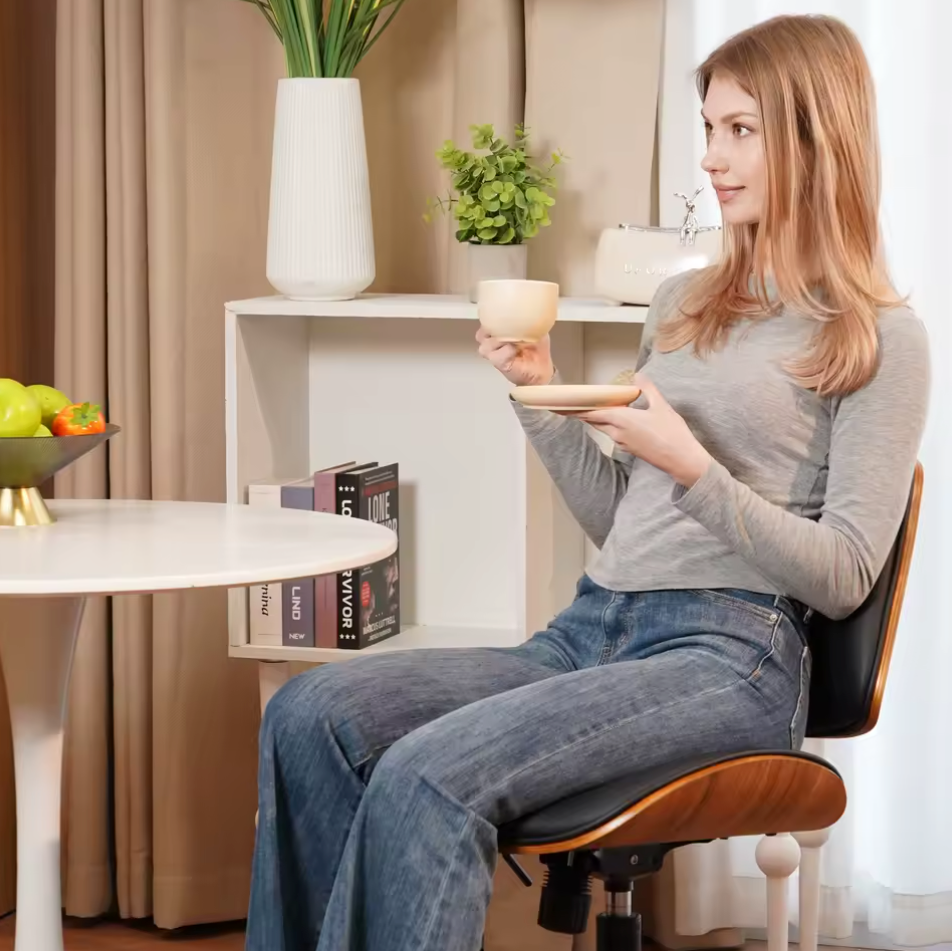 Moderne Bureaustoel Zonder Armleuningen – In Hoogte Verstelbaar, PU-Leder & Walnootlook