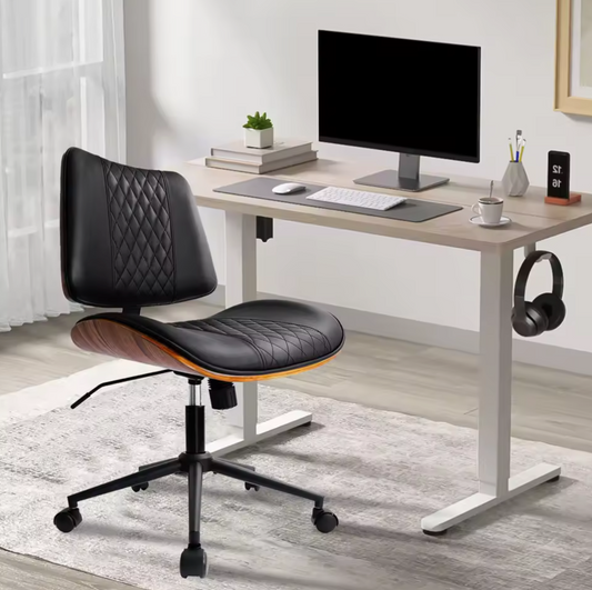 Moderne Bureaustoel Zonder Armleuningen – In Hoogte Verstelbaar, PU-Leder & Walnootlook