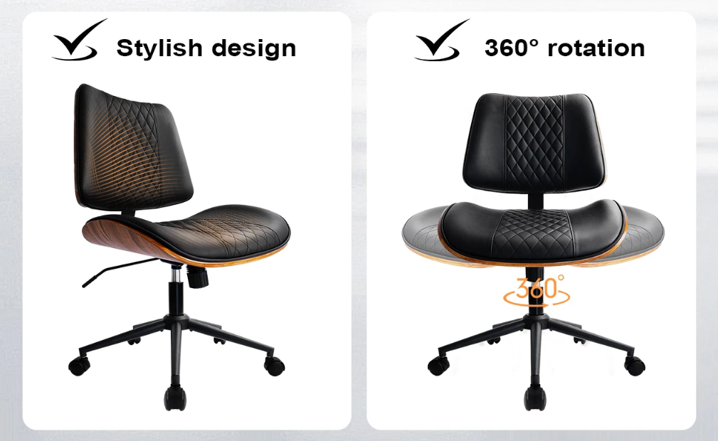 Moderne Bureaustoel Zonder Armleuningen – In Hoogte Verstelbaar, PU-Leder & Walnootlook