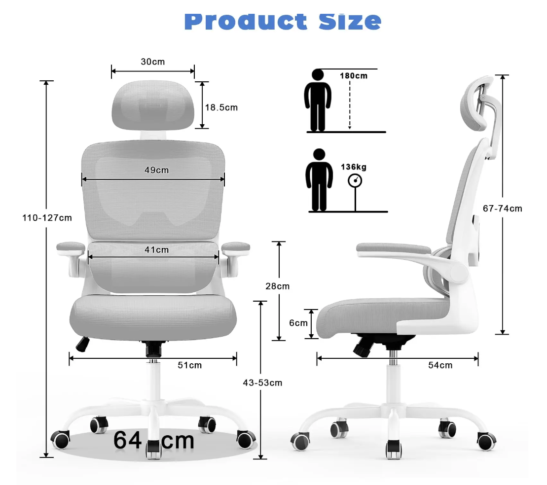 Ergonomische Mesh Bureaustoel – Met 3D Hoofdsteun, Adaptieve Lendensteun & Opklapbare Armleuningen