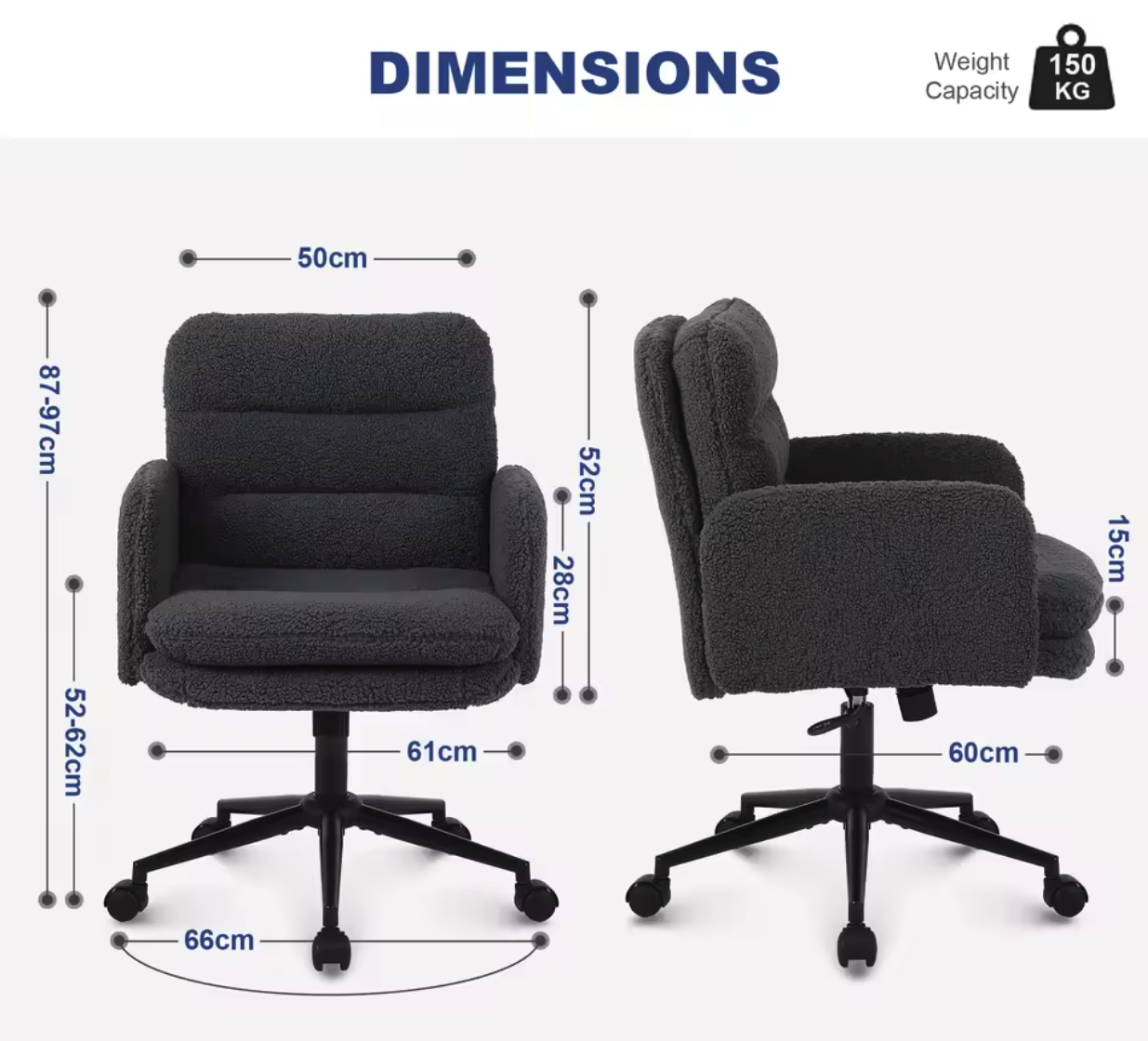 Comfortabele Donkergrijze Bureaustoel – Kunst wol – Verstelbare Hoogte