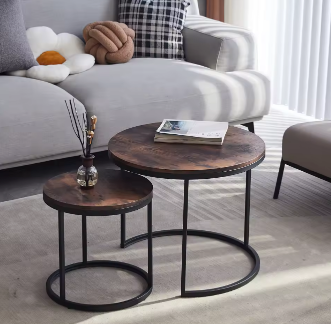 Set van 2 Scandinavische Salontafels – Ronde Tafels met Metaal & Hout, Stapelbaar en Modern