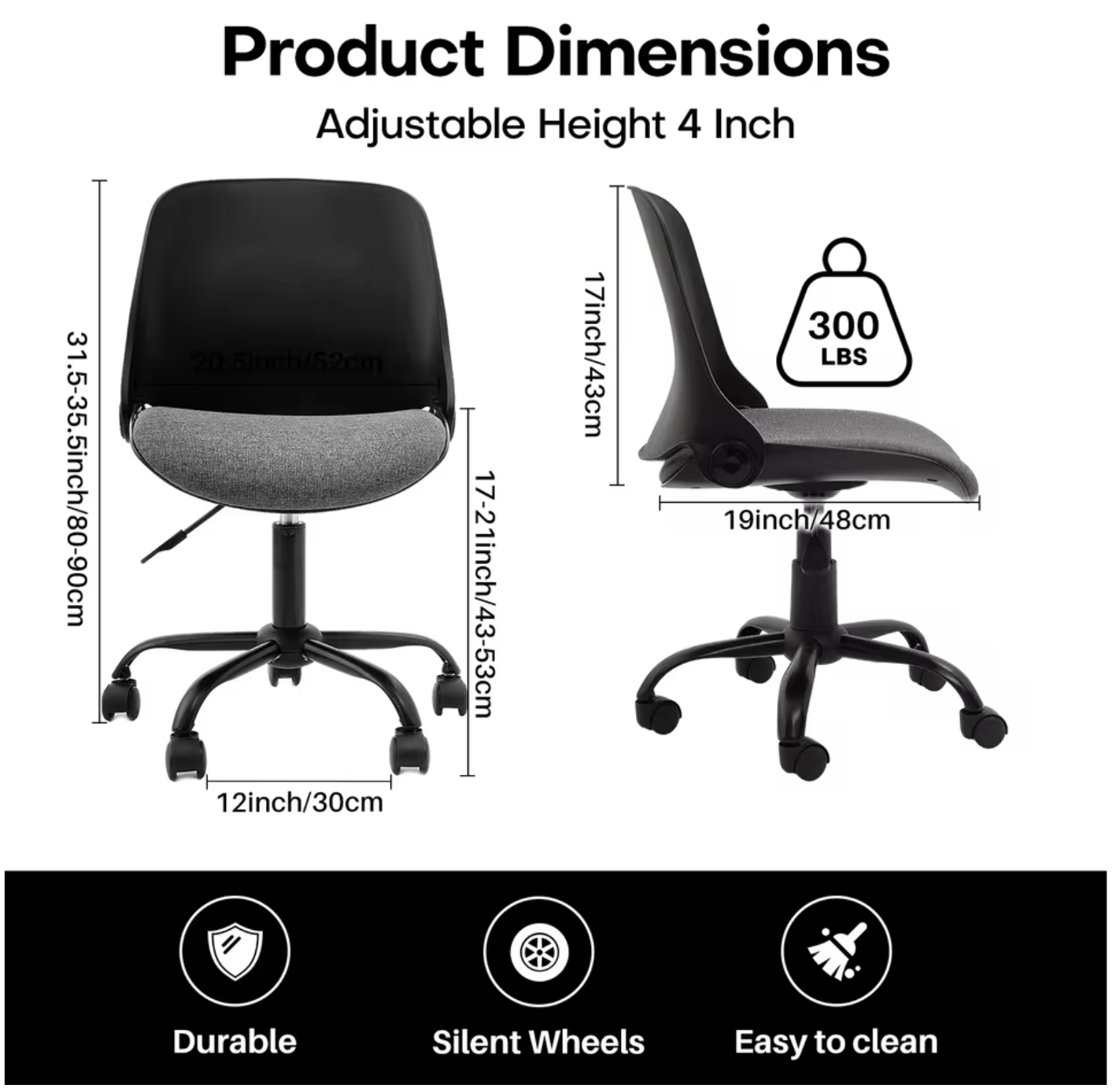 Bureaustoel Met Opvouwbare Rug – Verstelbaar – Armloos – Compact Ontwerp