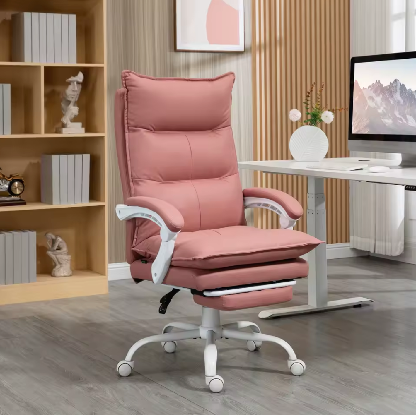 Lichtroze Massage Bureaustoel – 6 Punten, 5 Modi & Voetsteun