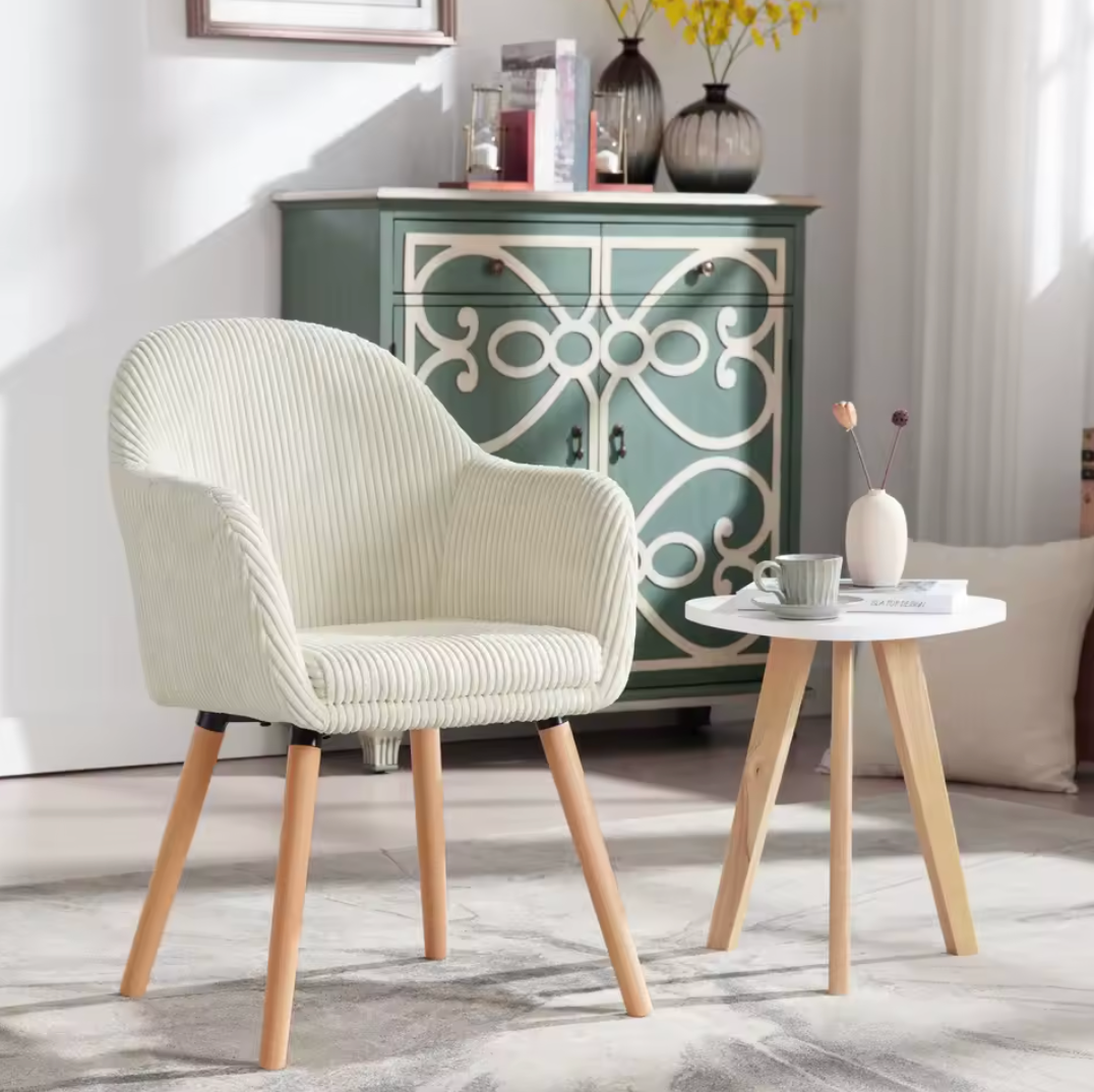 Modern Design Corduroy Eetkamerstoel met Armleuningen & Houten Poten