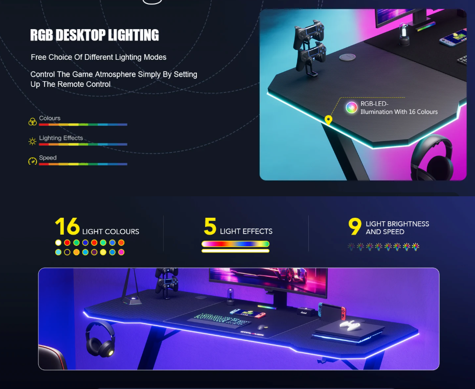 Gamingbureau 120 cm met LED, USB & Koolstofvezelblad