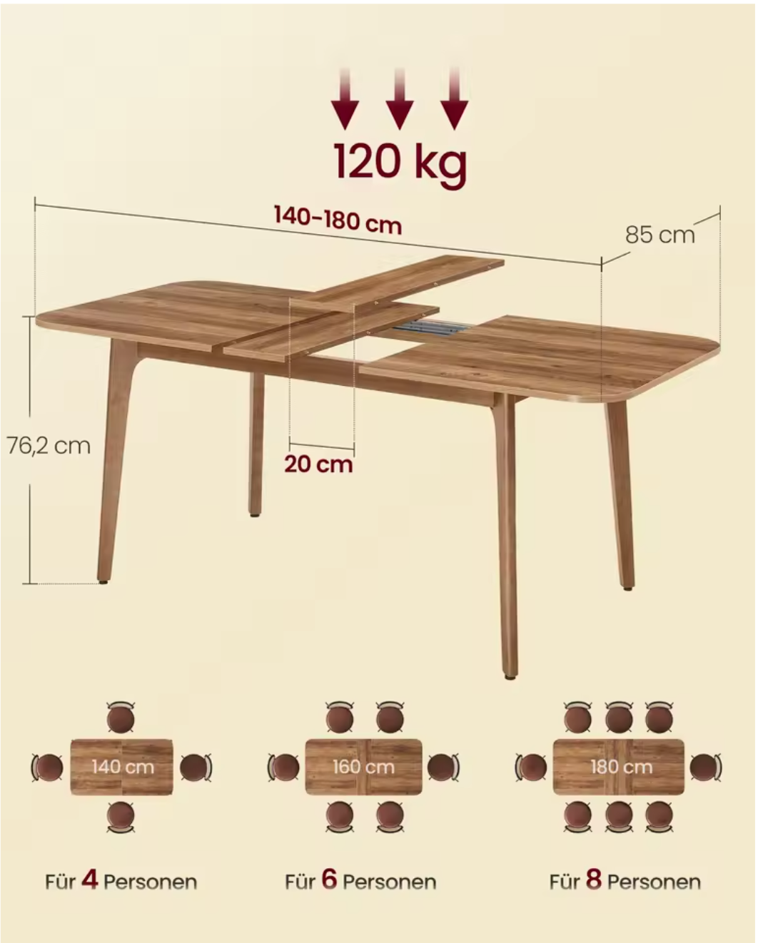 Uitschuifbare Eettafel – Houten Blad & Massief Frame, 140–180cm