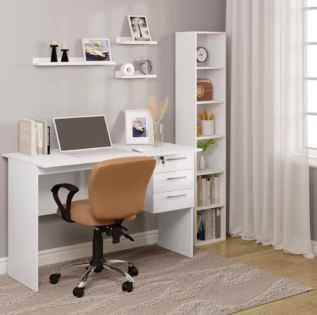 Bureau met 3 Lades en Slot – 120 cm Laptoptafel Zwart/Wit