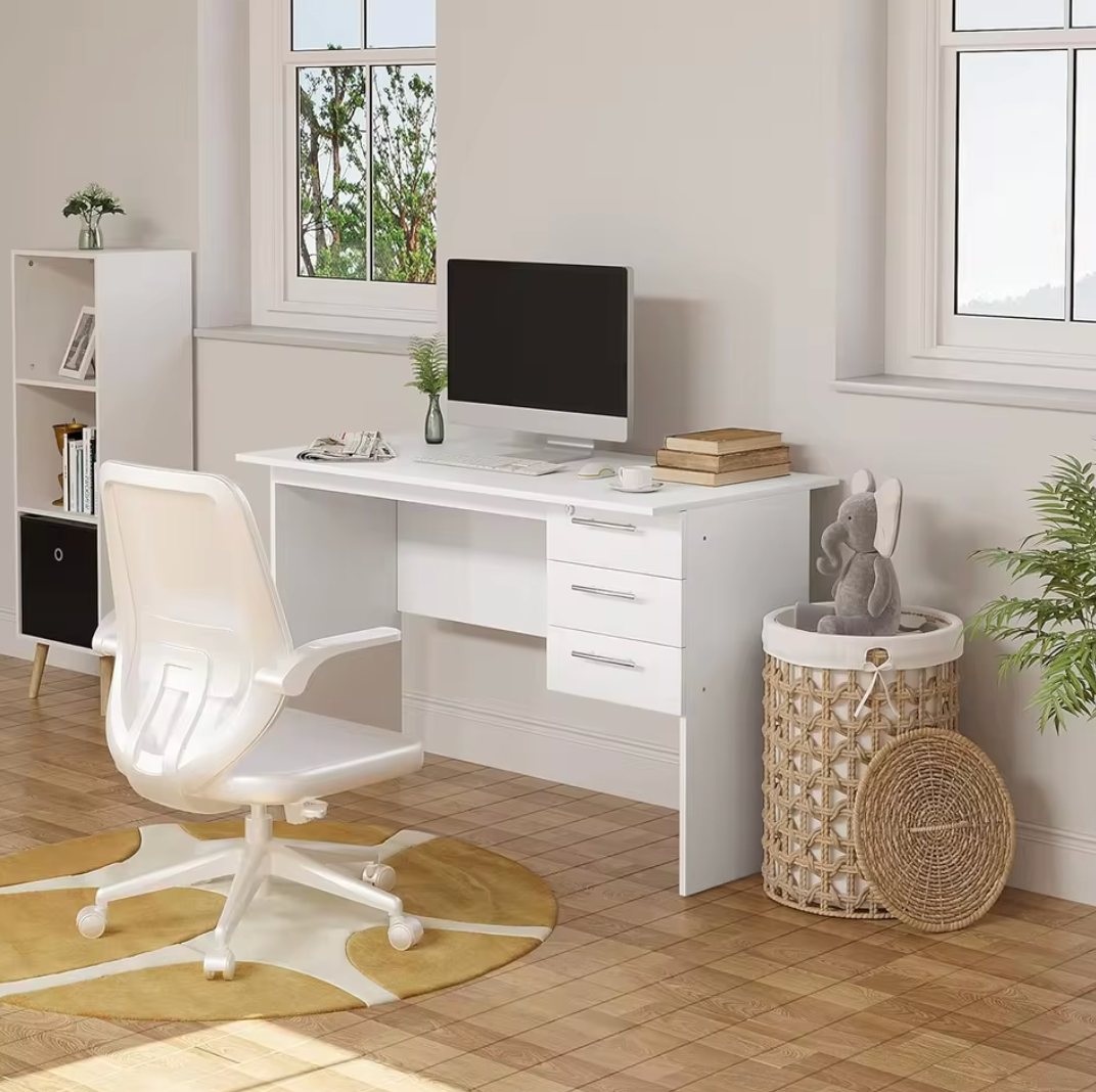 Bureau met 3 Lades en Slot – 120 cm Laptoptafel Zwart/Wit