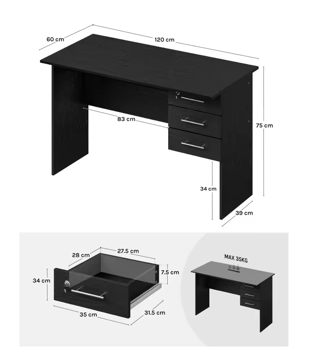 Bureau met 3 Lades en Slot – 120 cm Laptoptafel Zwart/Wit