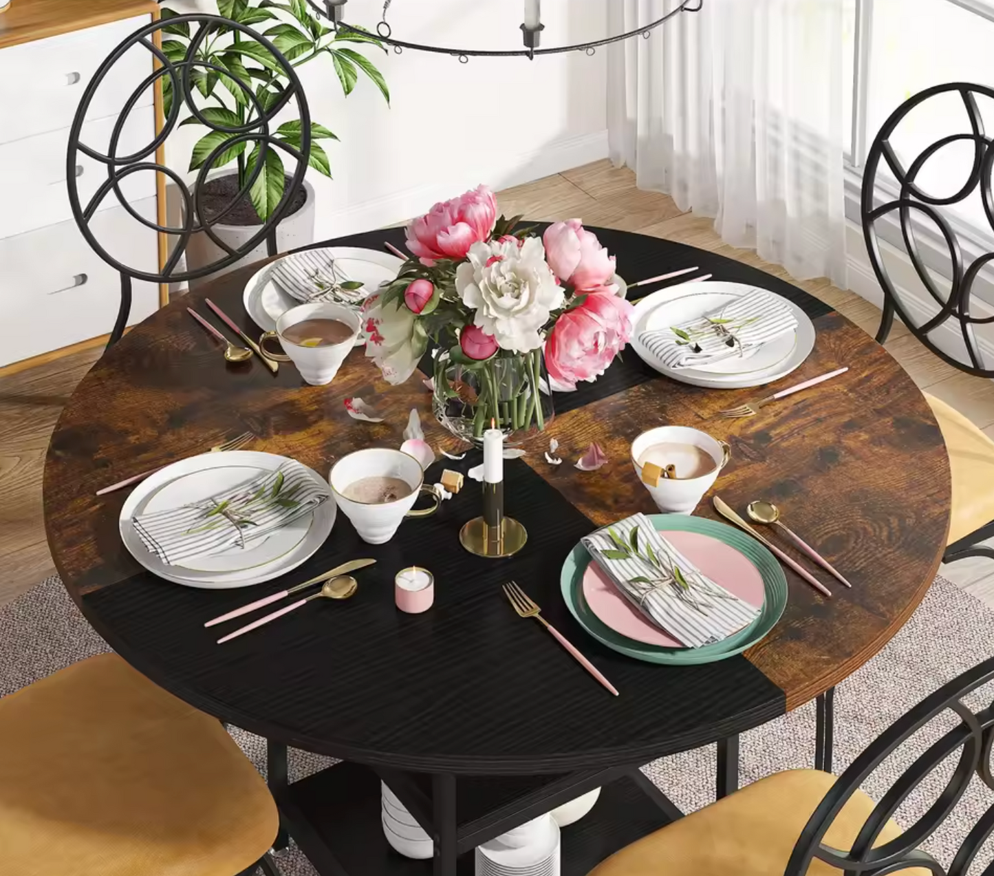 Ronde Eettafel 120 cm – Met Opbergplank & Houten Blad