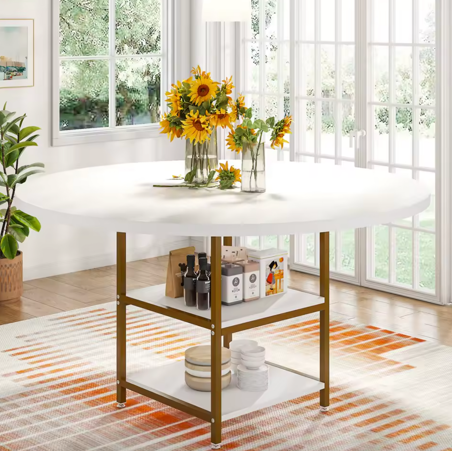 Ronde Eettafel 120 cm – Met Opbergplank & Houten Blad