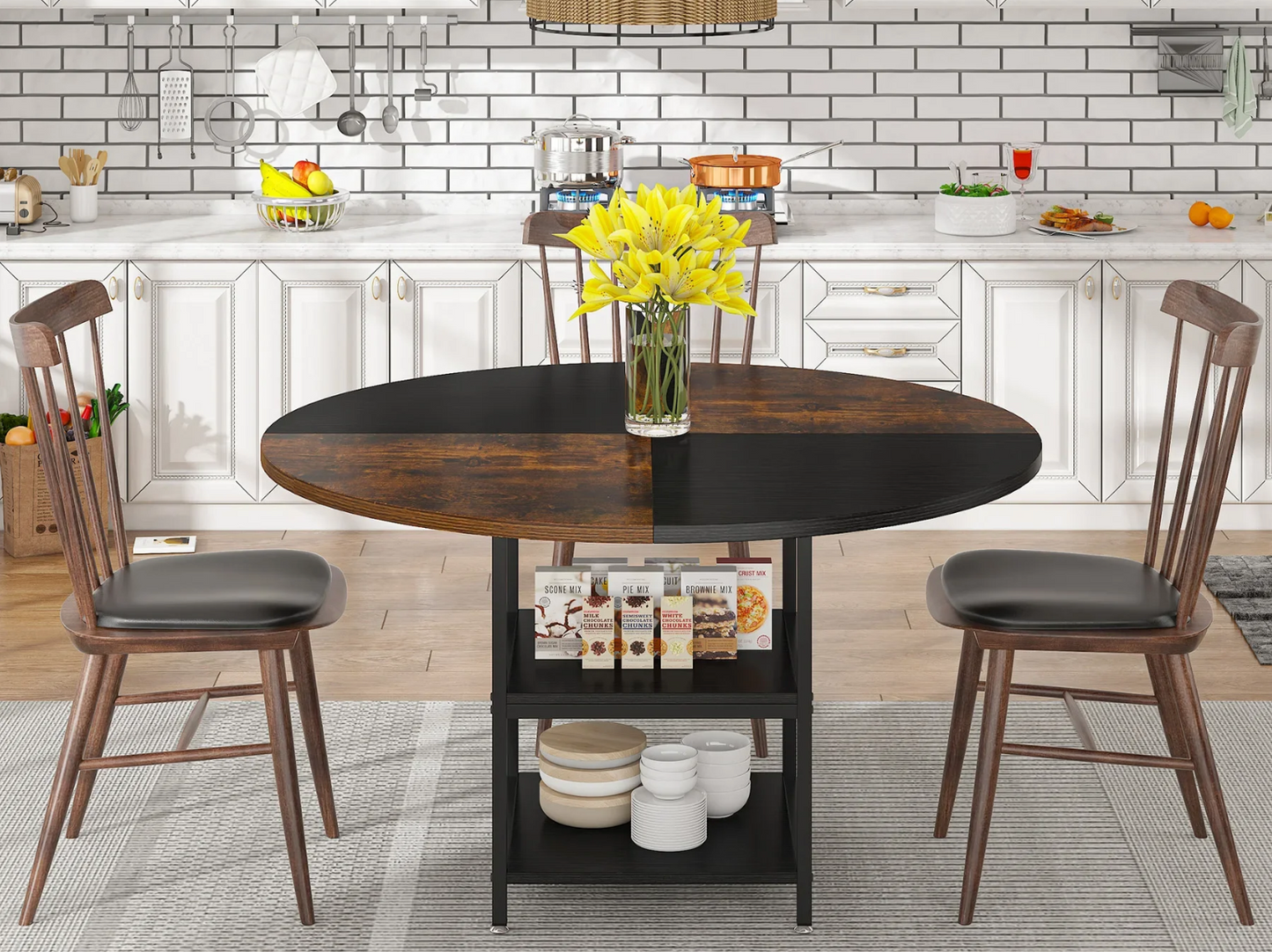 Ronde Eettafel 120 cm – Met Opbergplank & Houten Blad