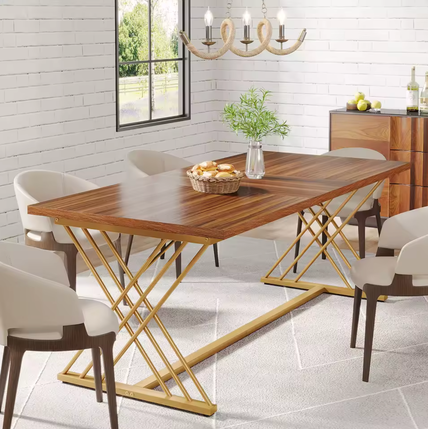 Luxe Eettafel 160x80cm – Houtlook & Goudkleurig Frame