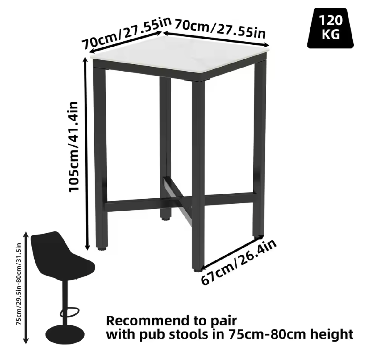 Luxe marmeren bartafel 70x70cm – met metalen X-frame