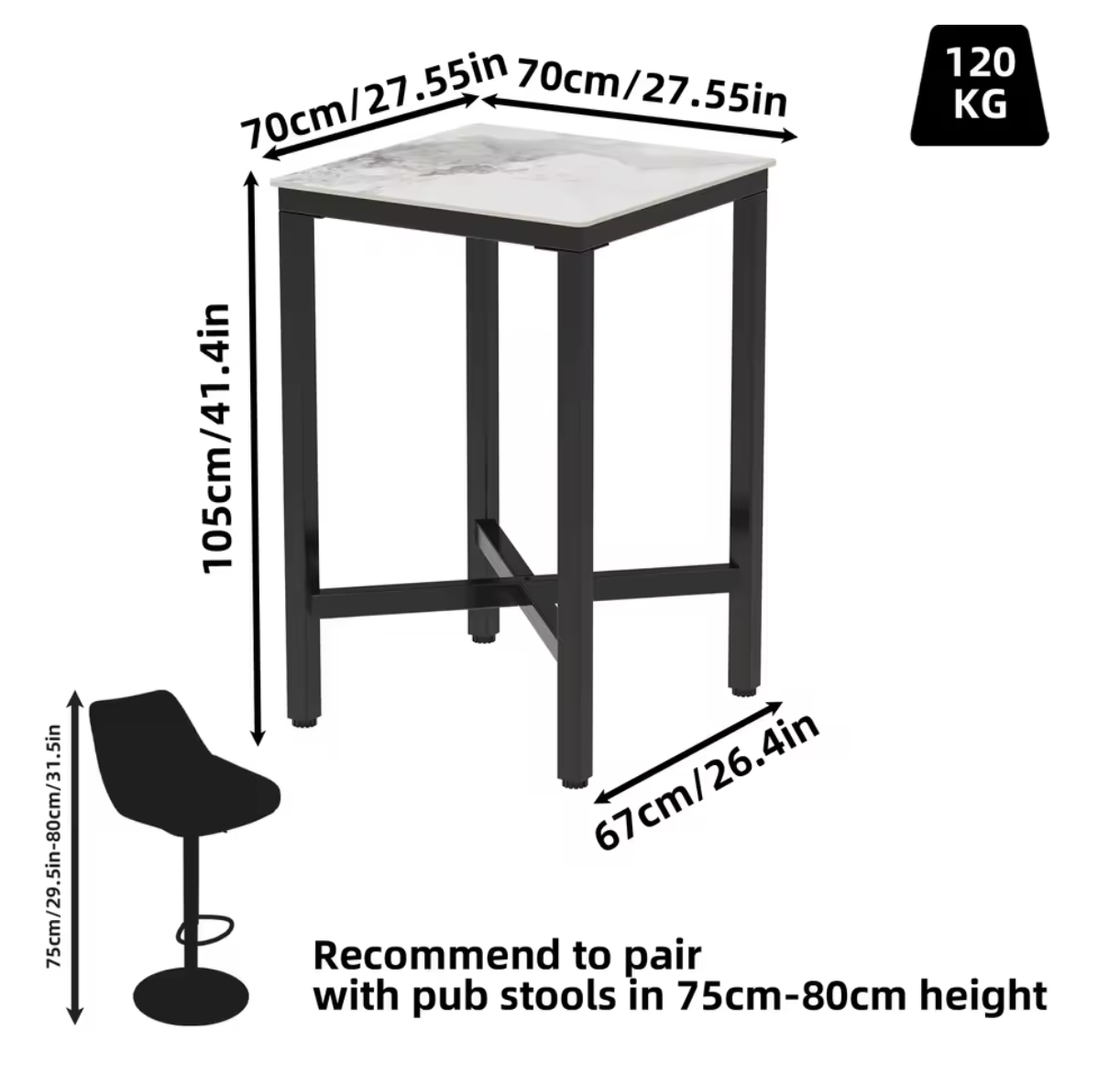 Luxe marmeren bartafel 70x70cm – met metalen X-frame
