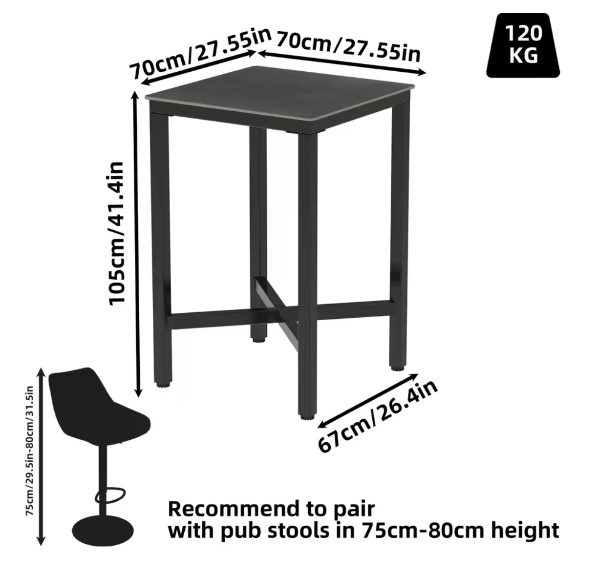 Luxe marmeren bartafel 70x70cm – met metalen X-frame