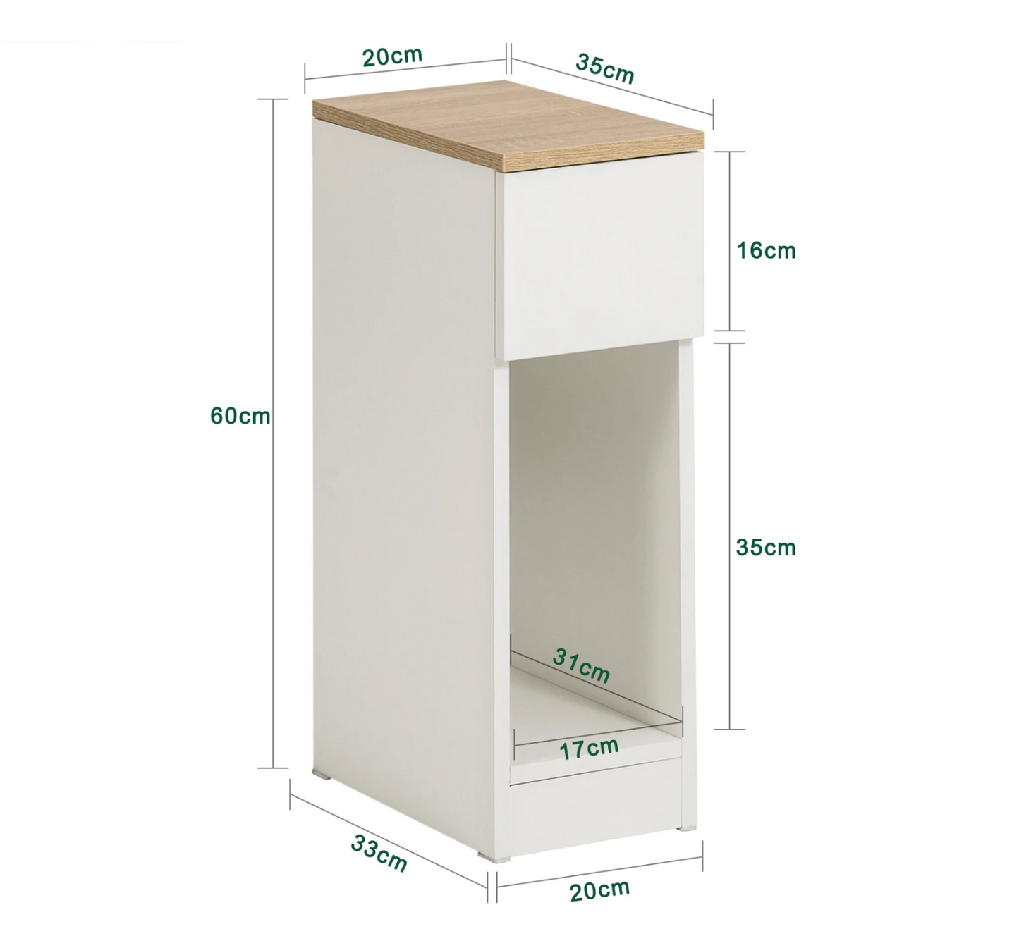 Smal nachtkastje met lade en open vak – 60cm hoog