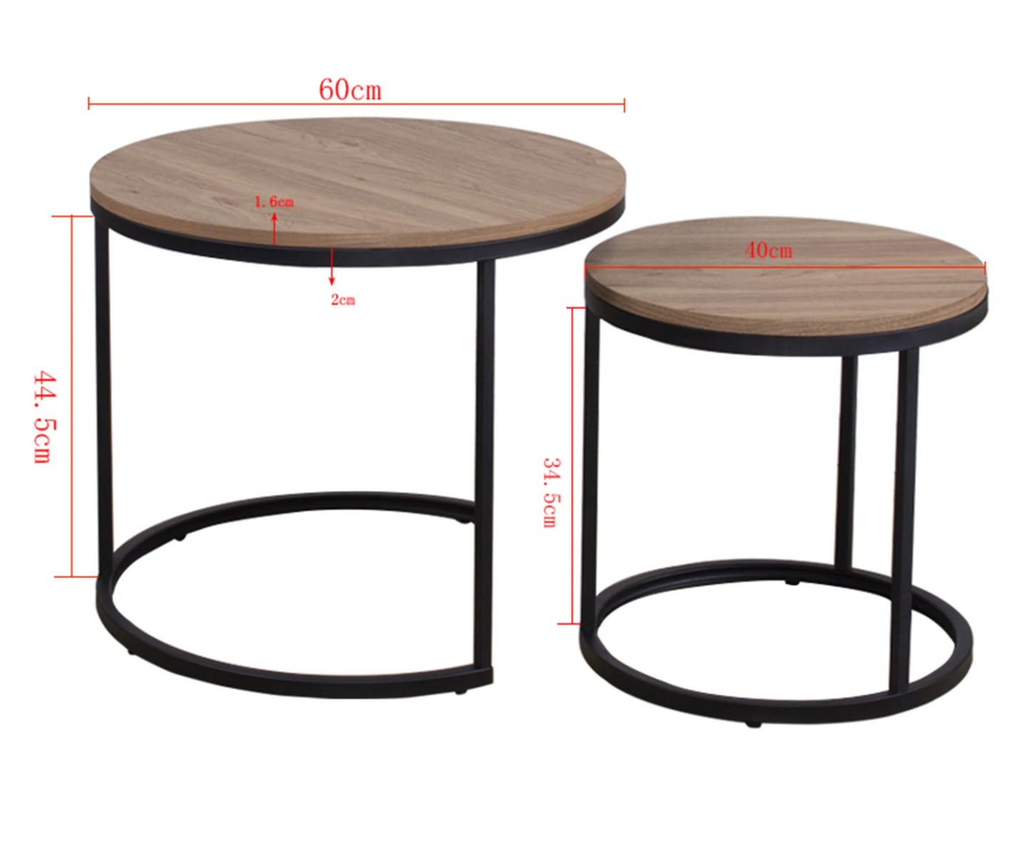 Set van 2 Scandinavische Salontafels – Ronde Tafels met Metaal & Hout, Stapelbaar en Modern