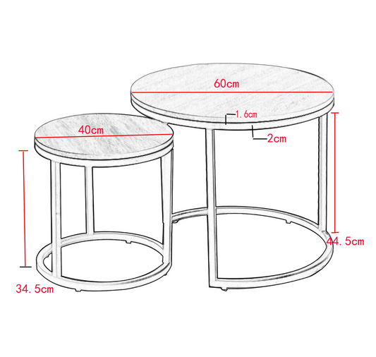 2-delige Ronde Salontafelset – Wit Marmerlook & Metaal
