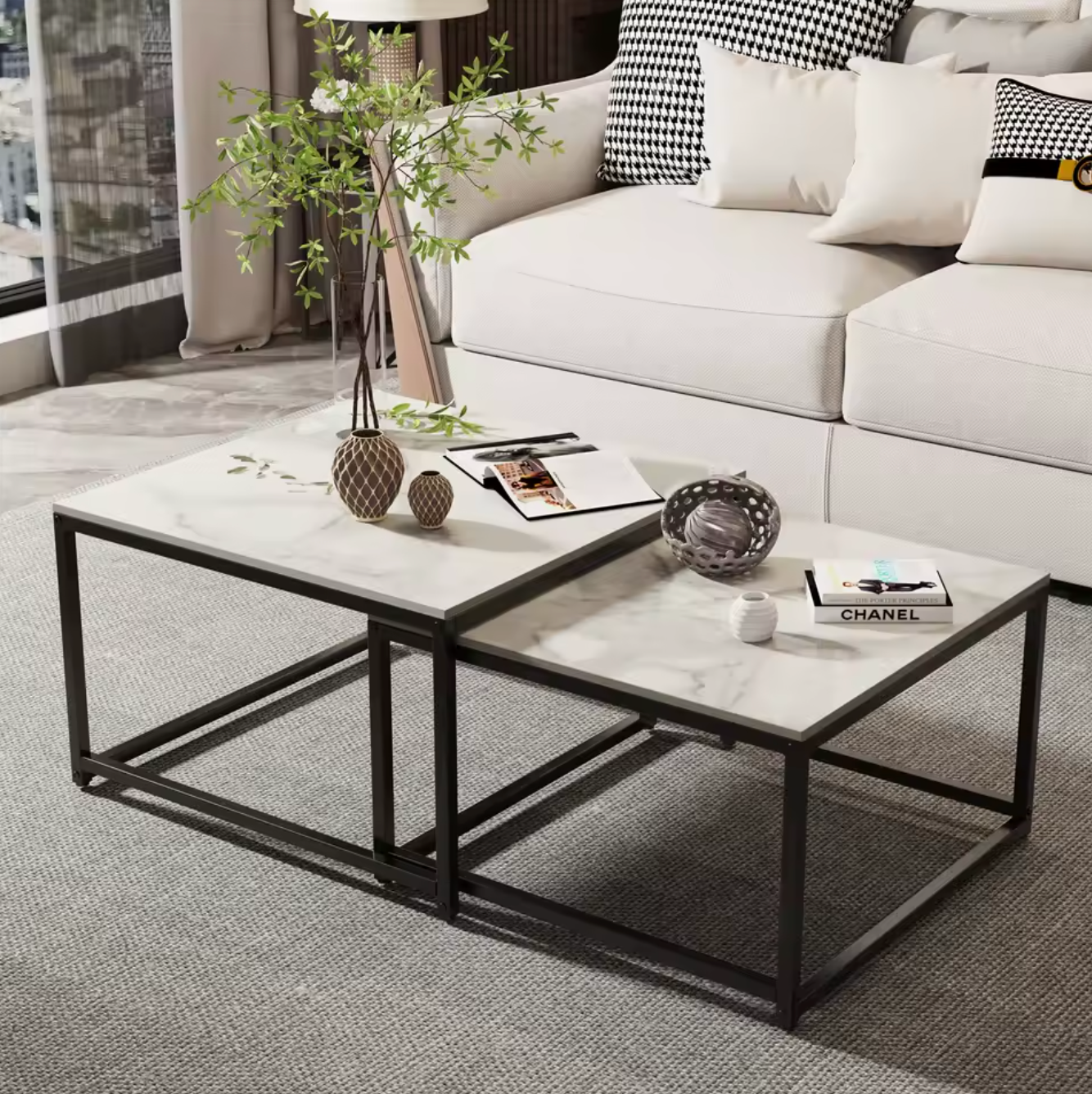 2-delige salontafel set van gesinterde steen en metaal – Inklapbaar