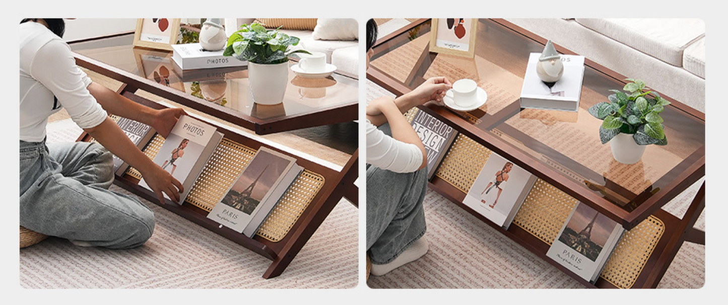 Z-vormige rotan salontafel met glazen blad – 50 en 120cm