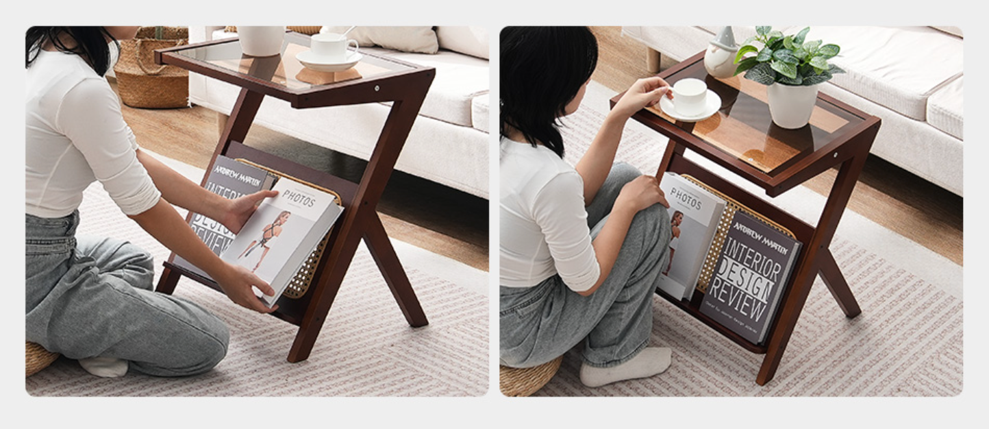 Z-vormige rotan salontafel met glazen blad – 50 en 120cm