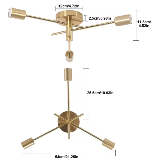 Gouden Plafondlamp met 3 E27 Fittingen – Retro Industriële Stijl