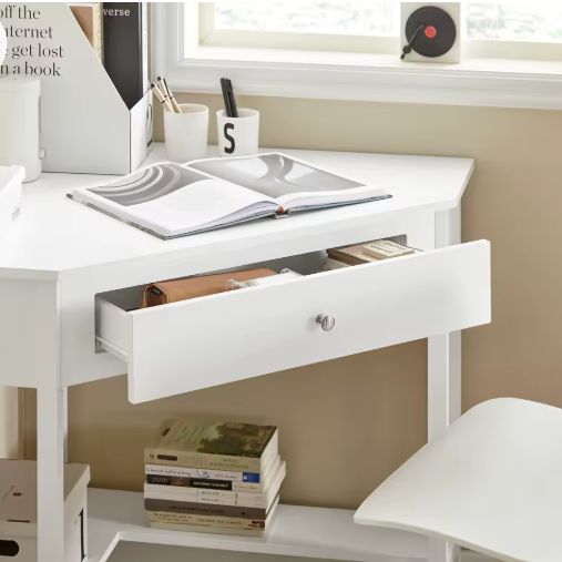 Compact Hoekbureau met Lade & Plank – 76×76 cm Werkblad