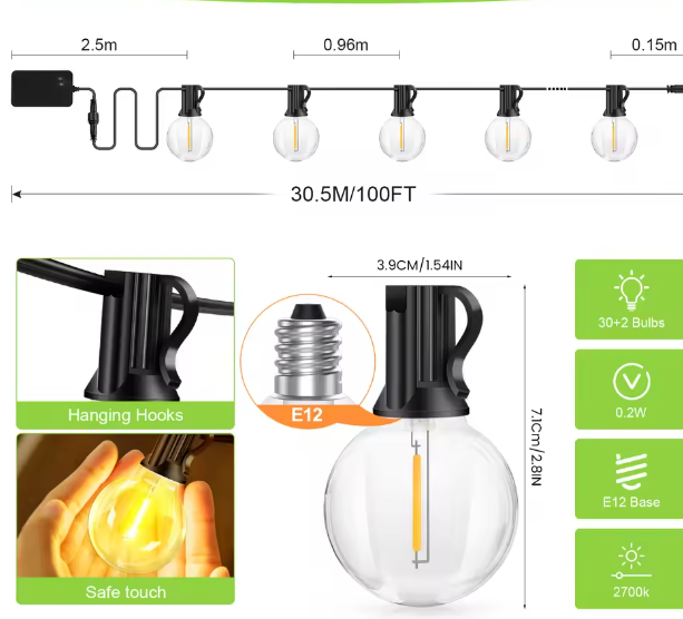 G40 LED Lichtslinger 30m – Warm Wit, IP65 Waterdicht, 40 Lampen