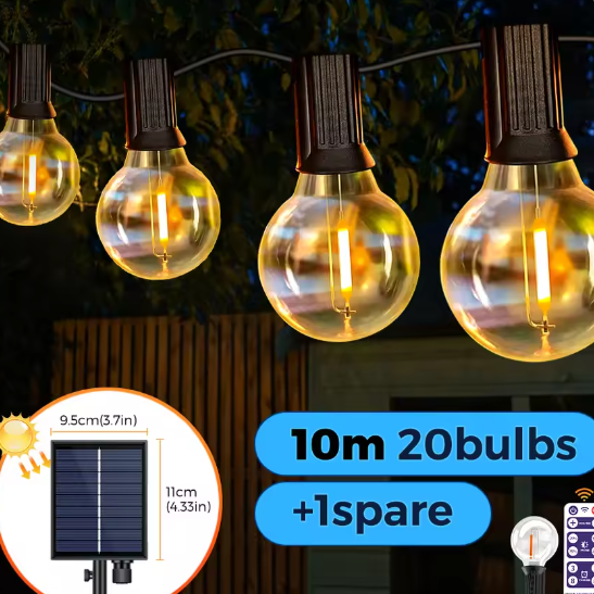 Solar Lichtslinger 12M – 30 LED G40 Lampen, USB & Zonnepaneel, Waterdicht en Onbreekbaar