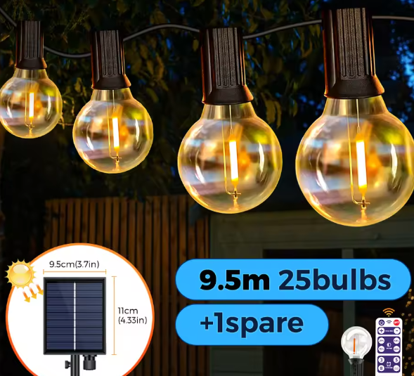 Solar Lichtslinger 12M – 30 LED G40 Lampen, USB & Zonnepaneel, Waterdicht en Onbreekbaar