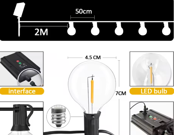 Solar Lichtslinger 12M – 30 LED G40 Lampen, USB & Zonnepaneel, Waterdicht en Onbreekbaar