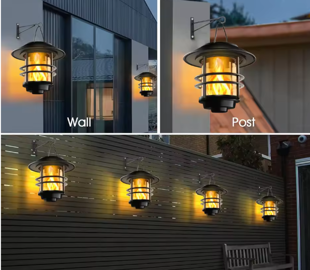 Solar Hanglantaarn Buiten – Flikkerende Vlammen, Waterdicht Glas & RVS, Wand- en Hekverlichting