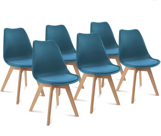 Set van 6 Scandinavische Eetkamerstoelen – PU Gewatteerde Zitting & Beukenhouten Poten