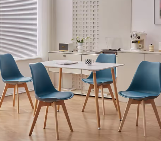Set van 6 Scandinavische Eetkamerstoelen – PU Gewatteerde Zitting & Beukenhouten Poten