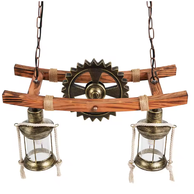 Vintage 2-Lichts Hanglamp – Houten Kroonluchter in Rustieke Stijl