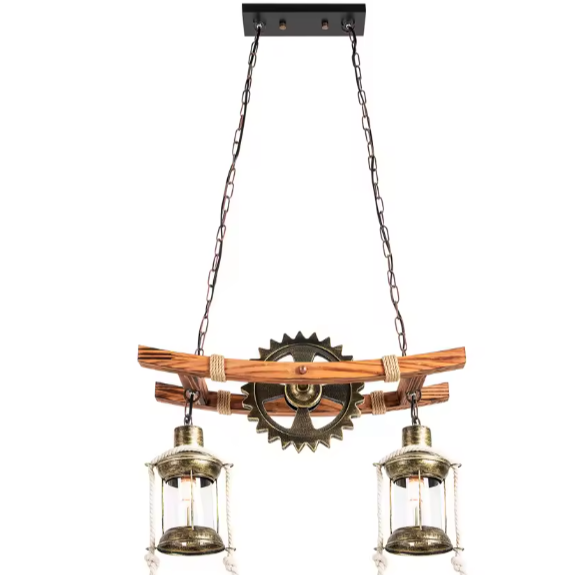 Vintage 2-Lichts Hanglamp – Houten Kroonluchter in Rustieke Stijl