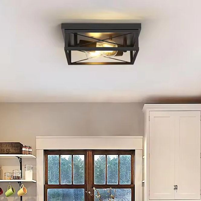 Retro Industriële Plafondlamp – Zwart IJzer, 2x E27 Fittingen