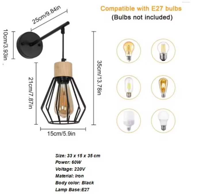 Vintage Industriële Wandlamp – Metaal & Hout, E27 Fitting