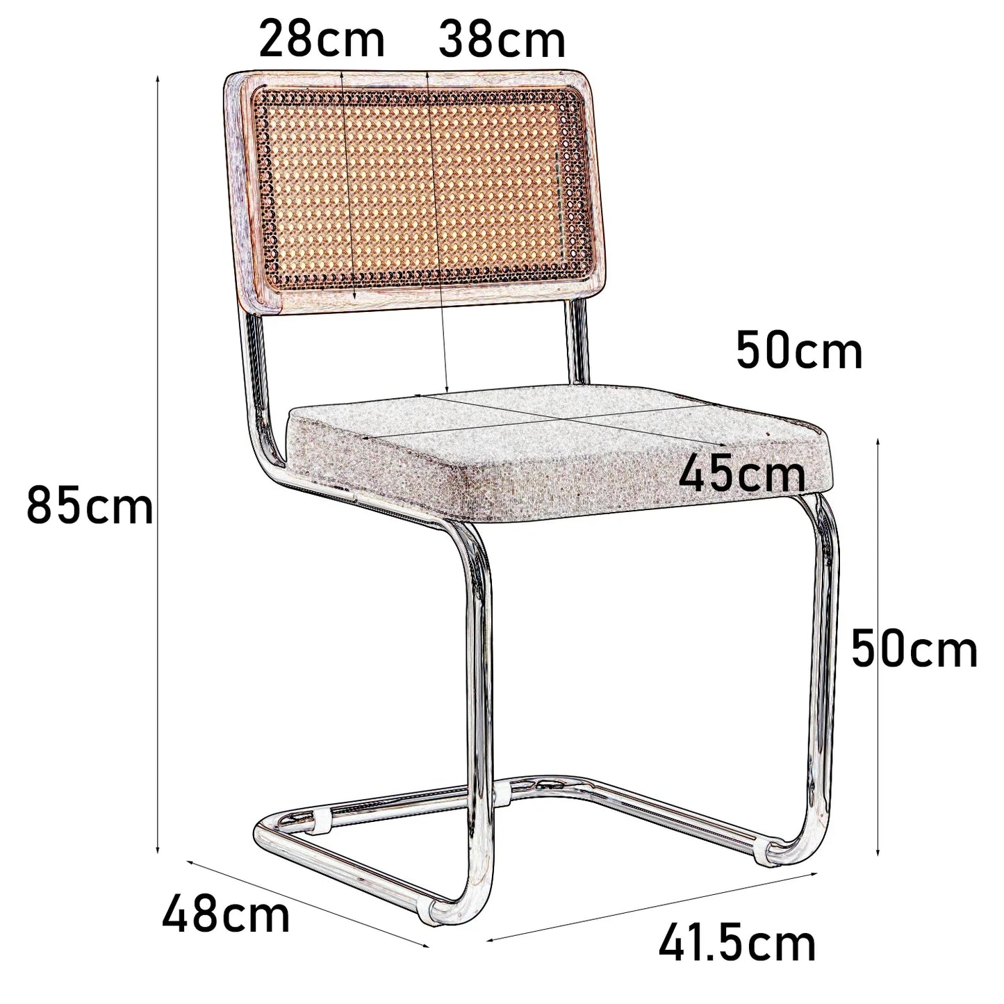Set van 2 Retro Eetkamerstoelen – Rotan Look – Comfortabele Fluwelen Zitting – Stevig Metalen Frame – Boog Rugleuning – Natuurlijke Kleur