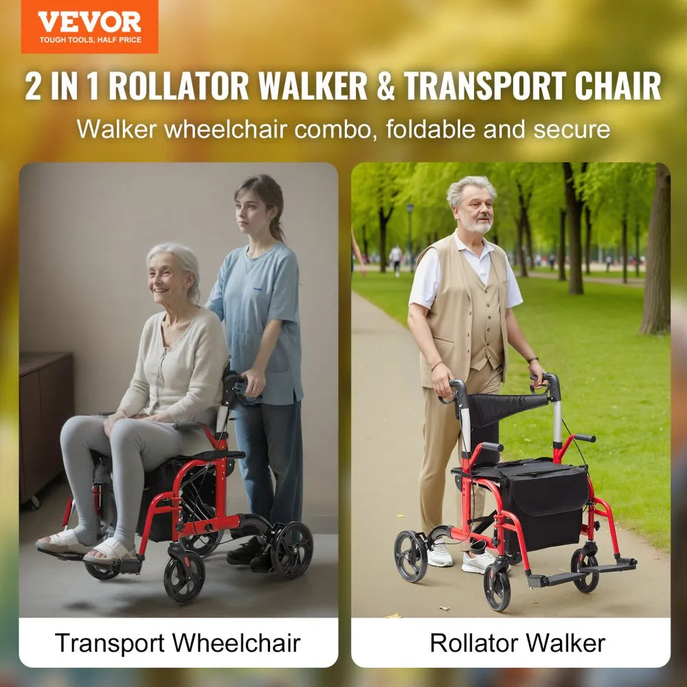 Rollator - Rolstoel Lichtgewicht Opvouwbaar - Rolstoel Opvouwbaar - 2 in 1 - Wandelaar en Rolstoel - Aluminium Mobiliteit Wandelaar voor Senioren - Rood