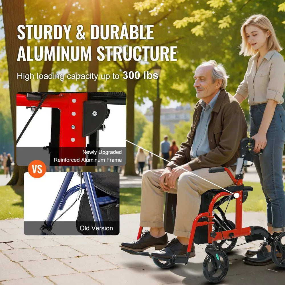 Rollator - Rolstoel Lichtgewicht Opvouwbaar - Rolstoel Opvouwbaar - 2 in 1 - Wandelaar en Rolstoel - Aluminium Mobiliteit Wandelaar voor Senioren - Rood